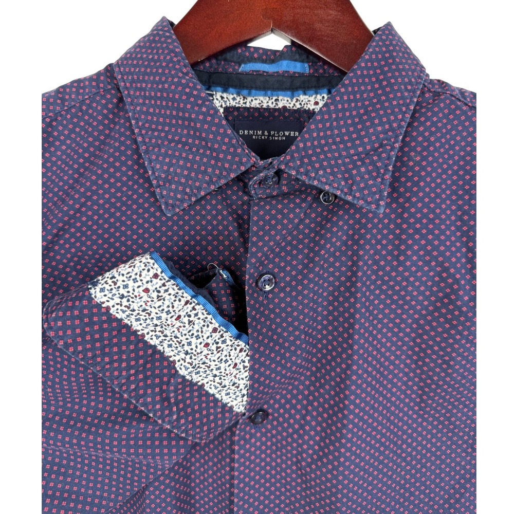 DENIM & FLOWER RICKY SINGH Mens Navy Geometric Print Long‎ Sleeve Button Up L 42